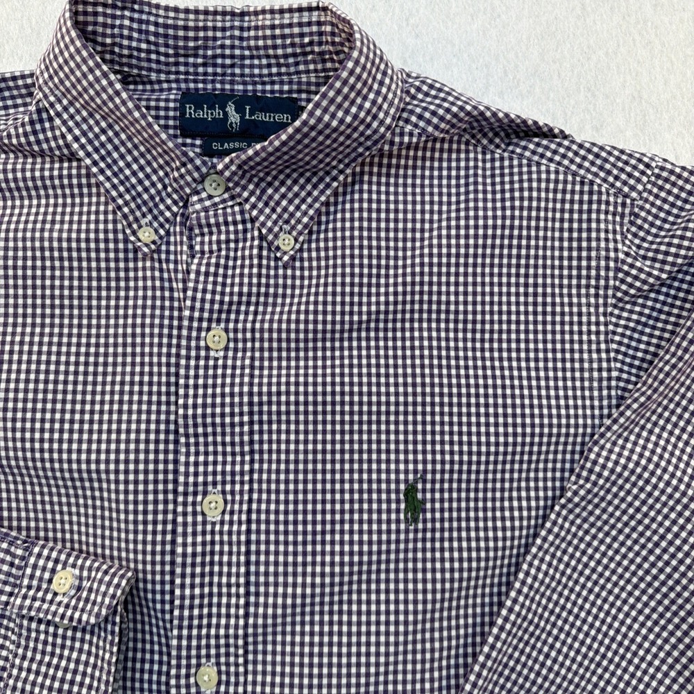 Ralph Lauren Shirt‎ Mens 16 1/2 Large purple mini check Green Pony long sleeve
